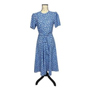 Vintage Housewife Womens Blue White Floral Dress 70s 80s Fit Flare Small READ